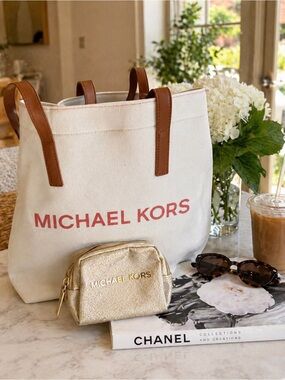 Michael Kors Canvas Tote Bag + Gold Cosmetic Pouch Travel Set Large Logo